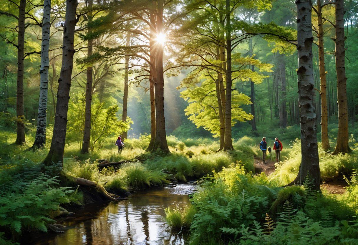 A serene forest scene filled with diverse tree species, including oak, pine, and birch, with a gentle stream running through it. A diverse group of people of different ages engaging in activities like blogging, birdwatching, and planting trees, surrounded by vibrant greenery and wildlife. Soft sunlight filtering through the leaves, creating a warm and inviting atmosphere. Emphasizing themes of sustainability and conservation. painting. vibrant colors.