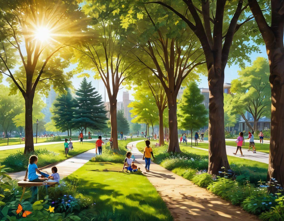 A lush urban park filled with diverse trees, featuring families planting saplings together while children play nearby. An educational sign highlights tree conservation alongside butterflies and bees pollinating flowers. Sunlight filters through the branches, creating a warm and inviting atmosphere. Soft green tones dominate the image, emphasizing the importance of ecology and community involvement. painting. vibrant colors. natural scenery.