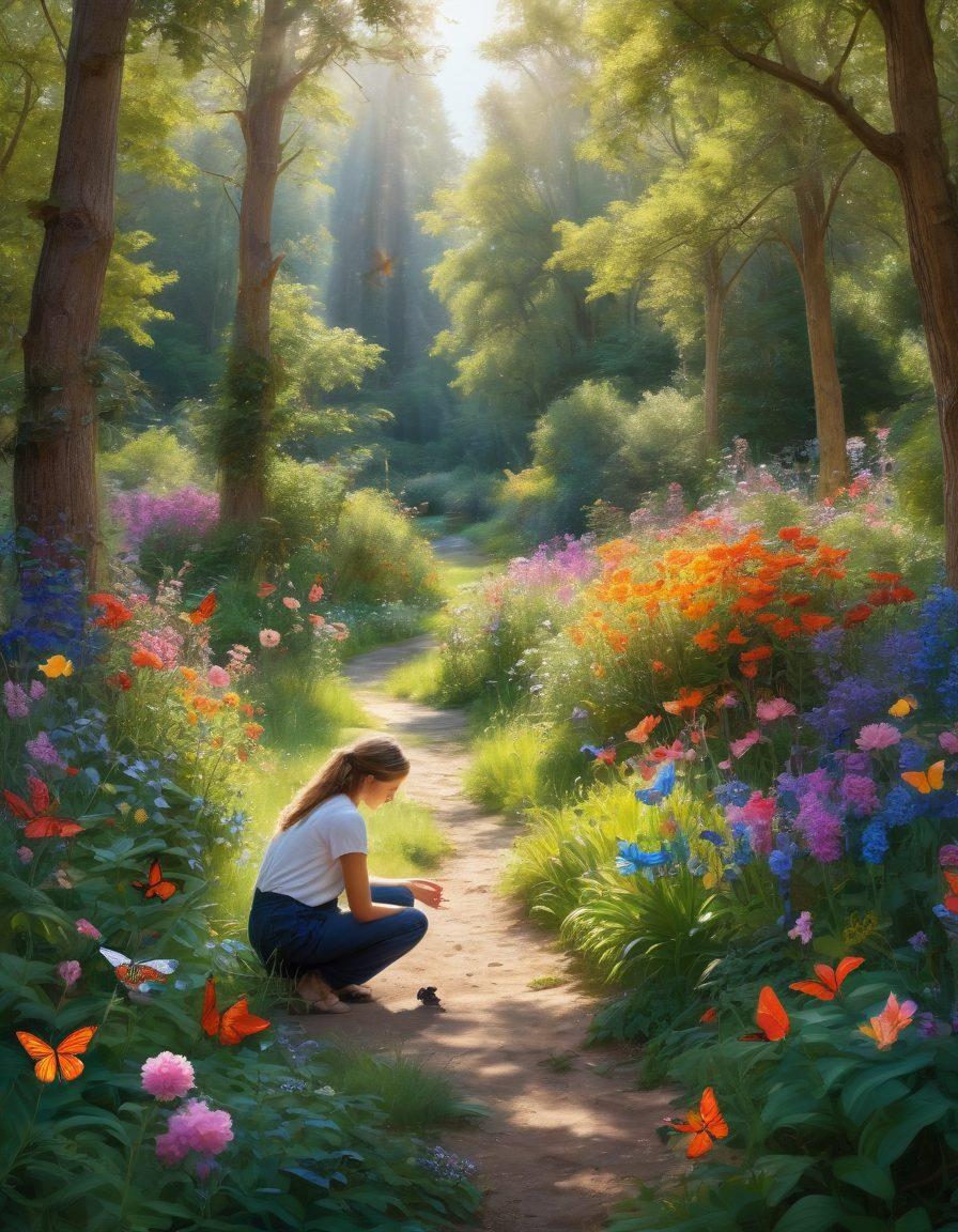 A serene landscape featuring a vibrant garden filled with blooming flowers transitioning into a lush forest with diverse wildlife, showcasing a harmonious blend of flora and fauna. In the foreground, a person kneeling to plant a flower with a look of joy, surrounded by butterflies and birds, capturing the essence of nurturing nature. Soft sunlight filtering through the trees enhancing the warm atmosphere. impressionistic style. vibrant colors. natural setting.